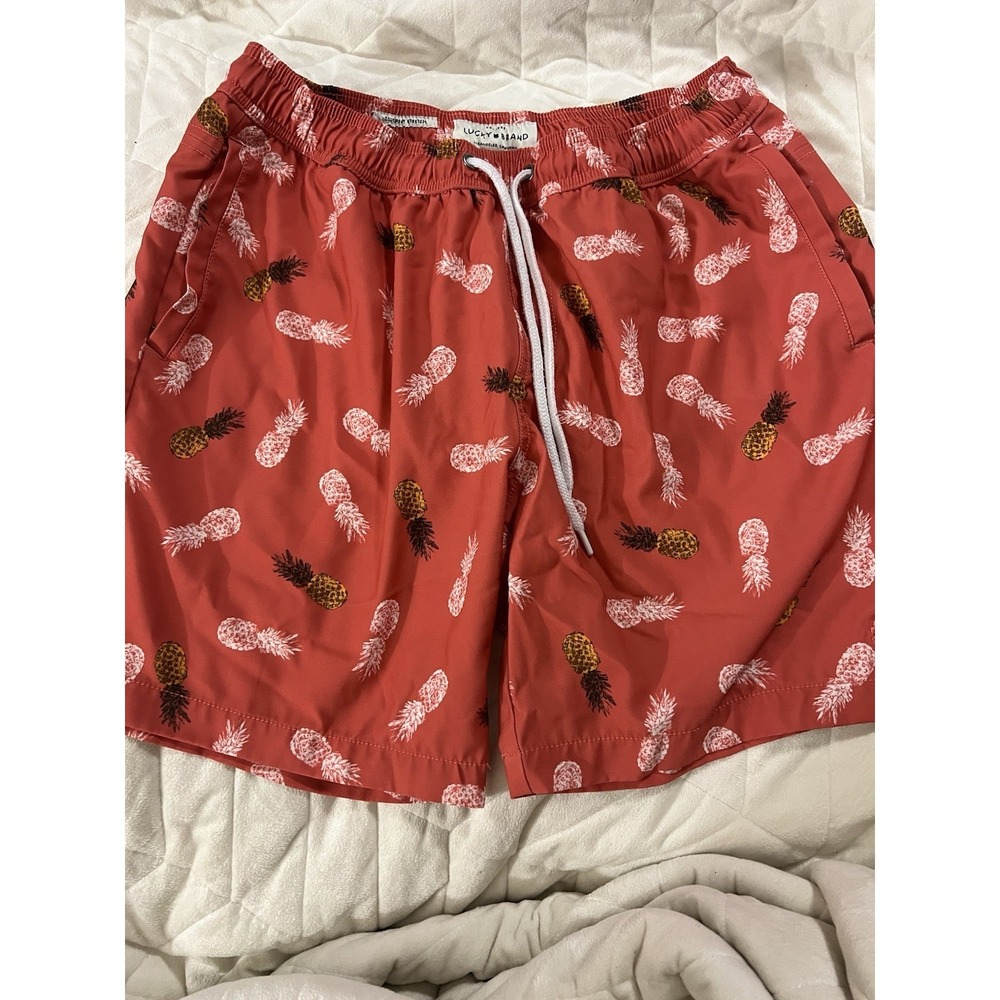 Lucky Brand Swim Trunks Saturday Stretch Men's Small L x 7" Orange w/ Pineapple